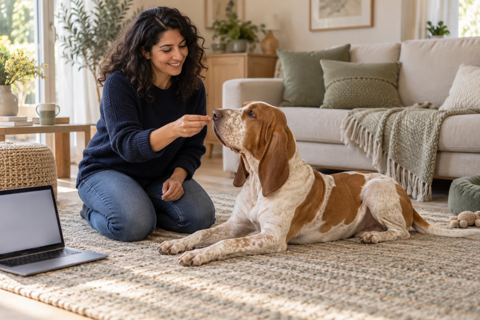 A hound and owner practising calmly while a blank laptop sits nearby.