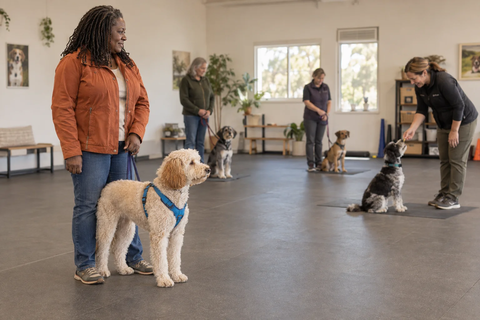A poodle mix and owner calmly observing a small reward-based class from the side.