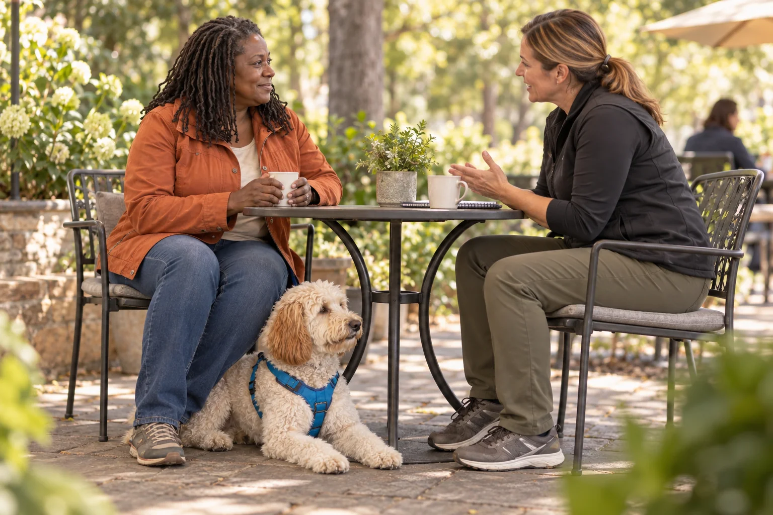 The same owner speaking calmly with a trainer while her poodle mix rests nearby.