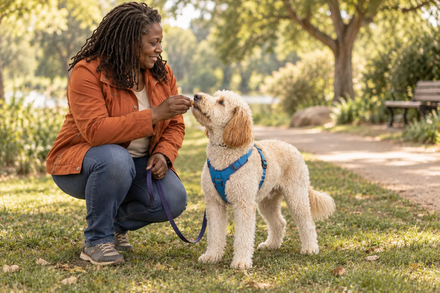 The same owner rewarding her poodle mix during a calm training moment.