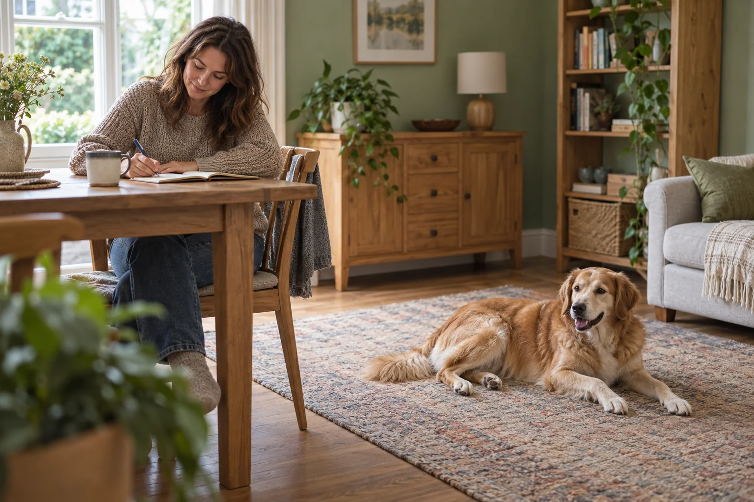 An owner writes in a notebook while a dog rests freely nearby.