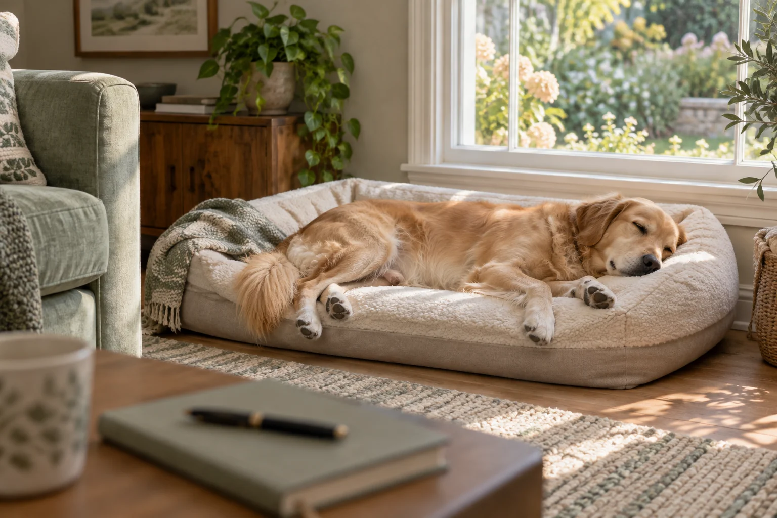 A golden dog sleeps on a comfortable bed beside a window.