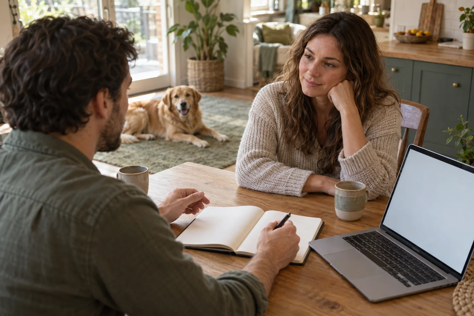 Two adults discuss a notebook while a dog rests in the background.
