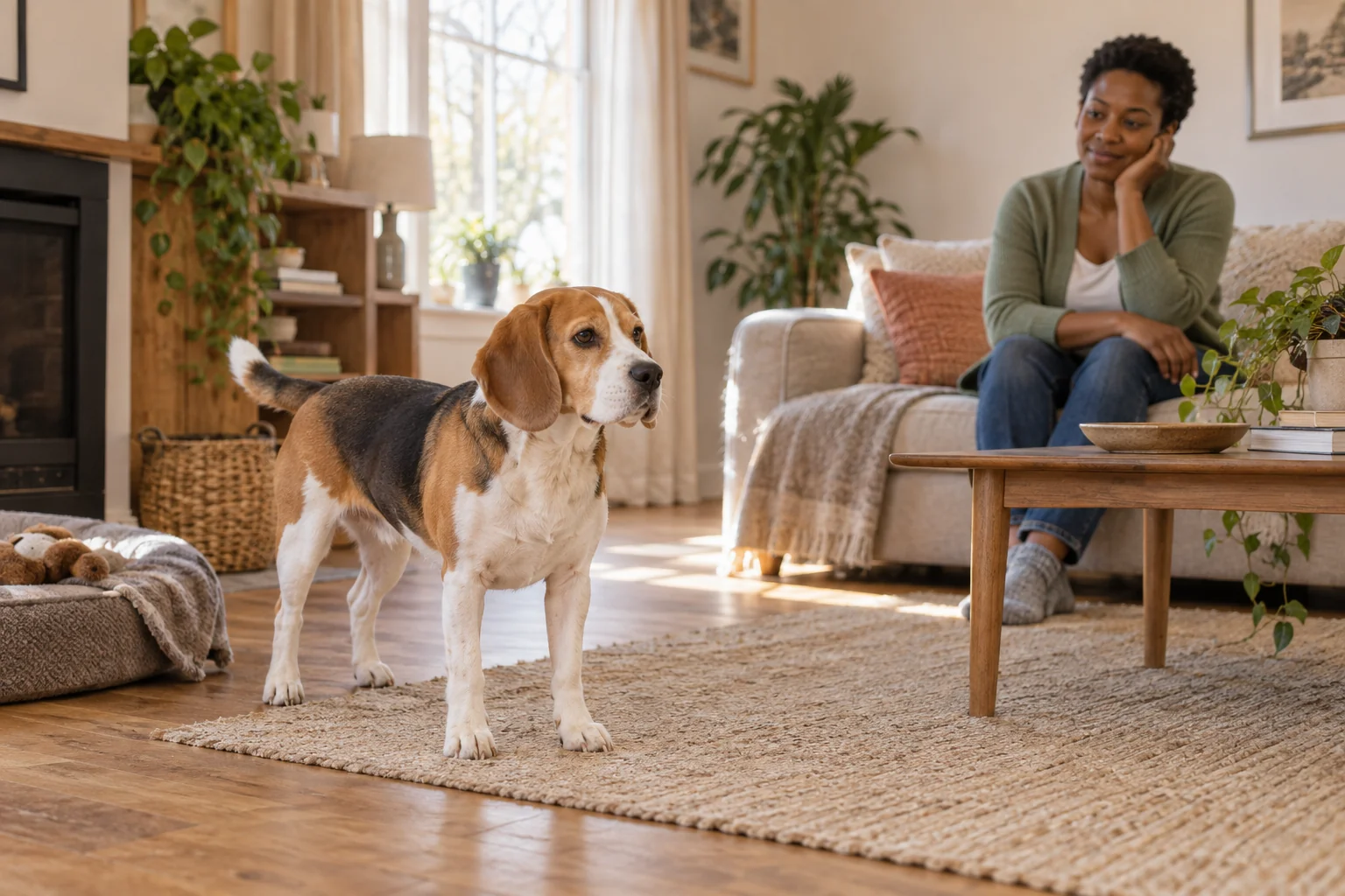 A beagle is observed calmly as a whole body, not from one signal.
