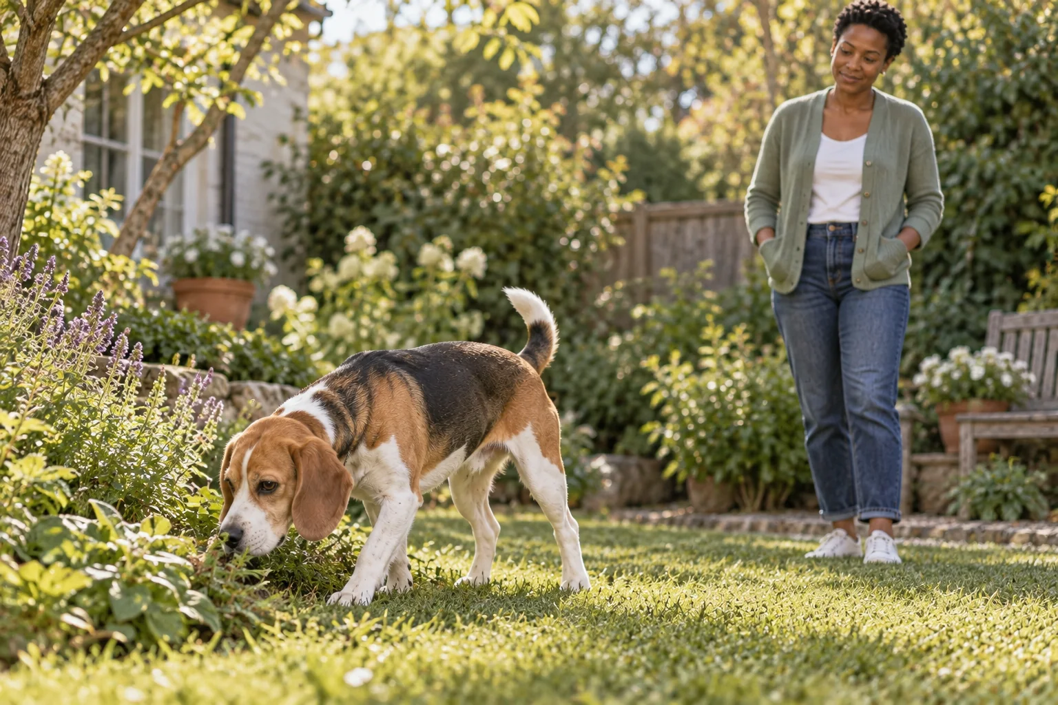 The same owner watches her beagle calmly in a garden to learn its normal body language.