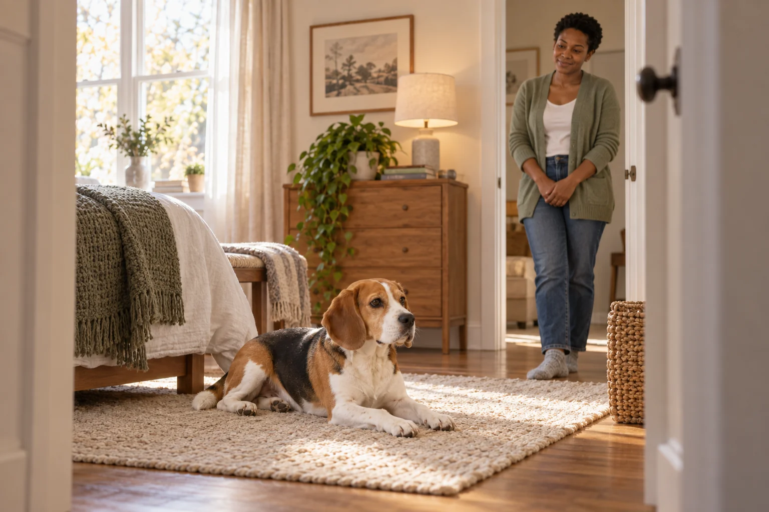 The same owner observes her beagle resting without interrupting it.