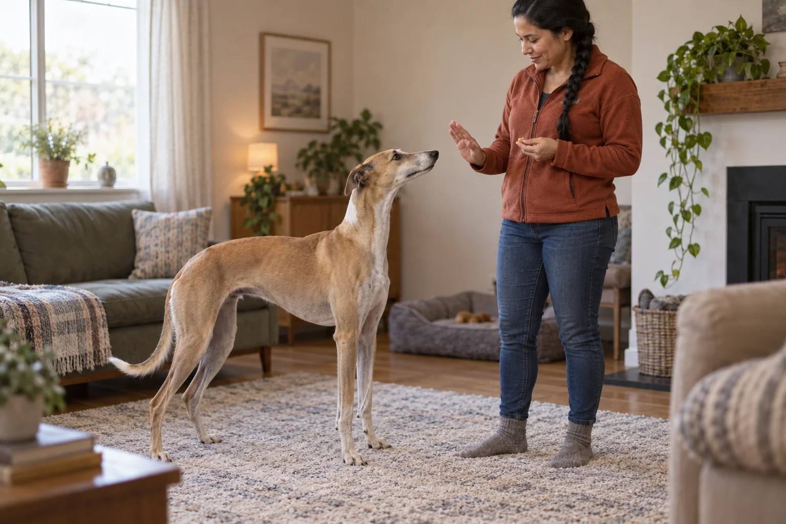 A lurcher responds calmly to a cue in a quiet living room.