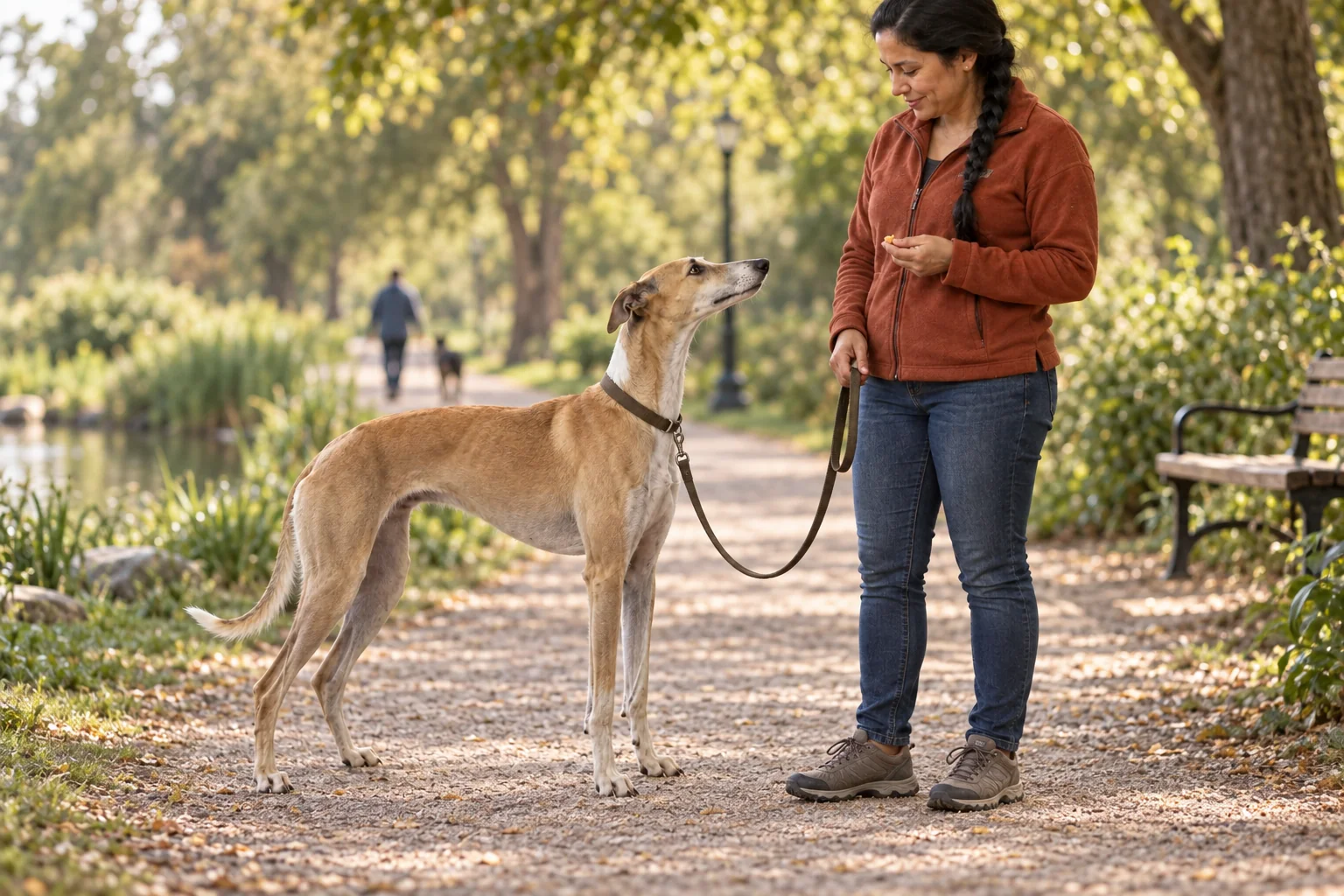 The same lurcher and owner pause at a comfortable distance from a mild outdoor distraction.