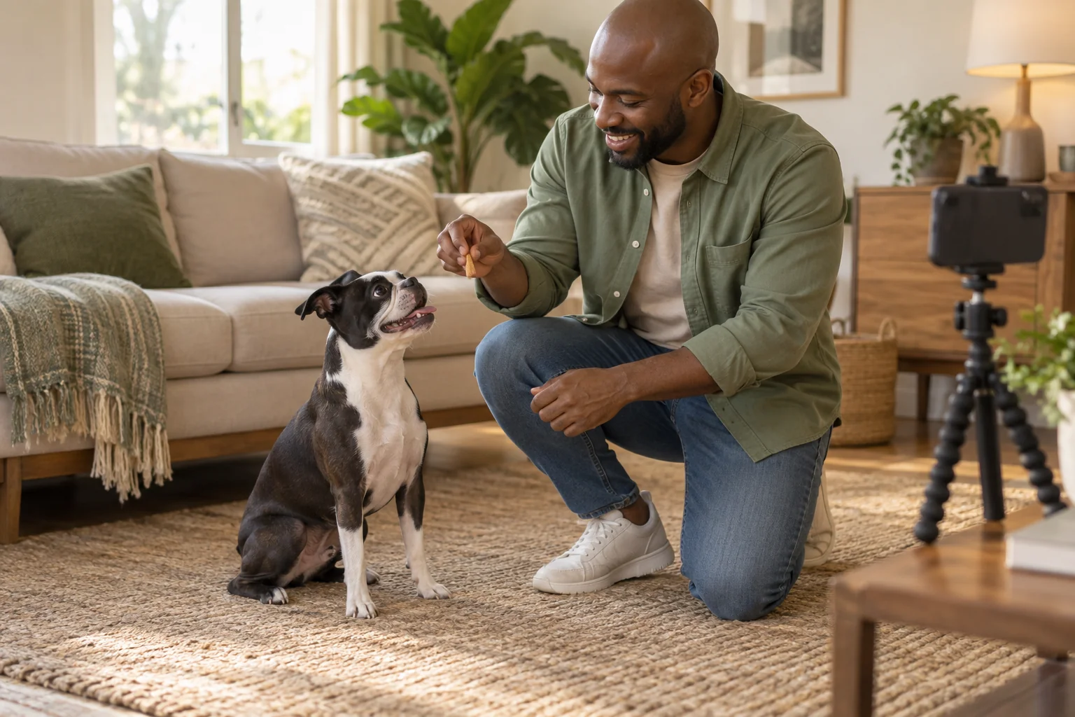A Boston terrier and owner practising while a phone records the whole scene from the side.