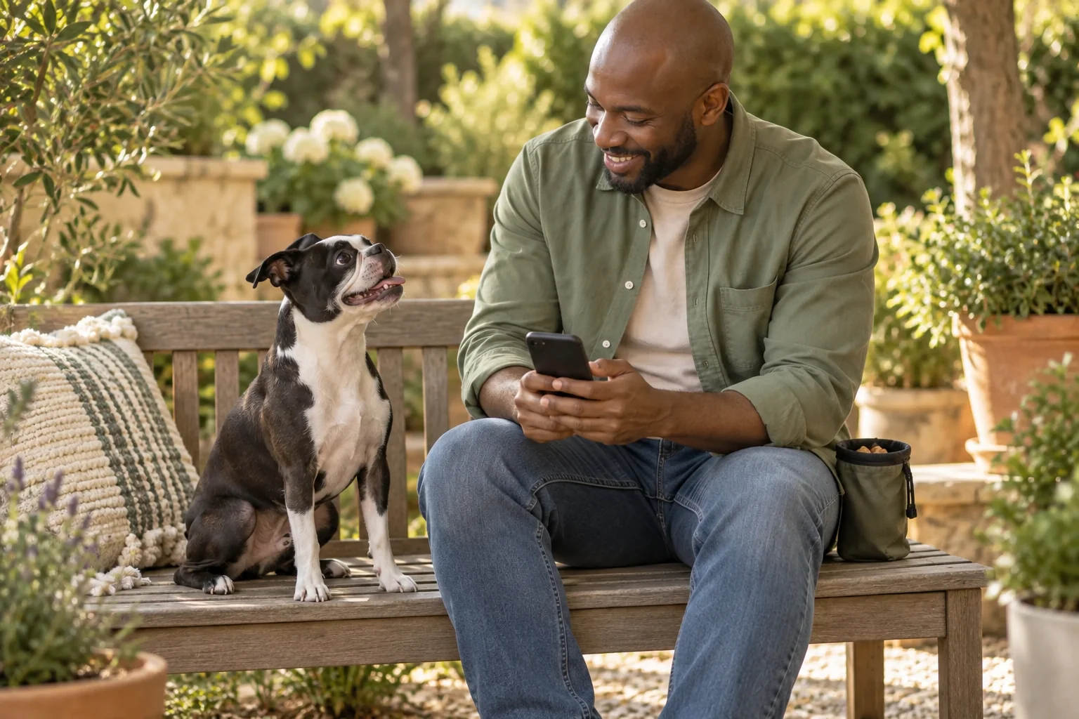 The same owner sitting with his Boston terrier while reviewing a blank phone screen.