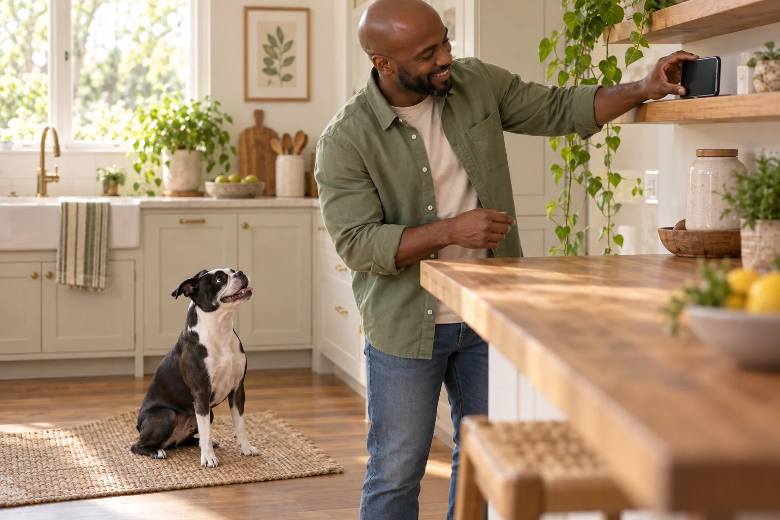 The same owner setting up a short practice clip with his Boston terrier during an app trial.