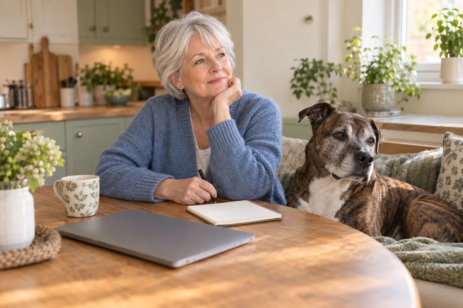 A brindle dog resting beside its owner as she thinks through training options at home.