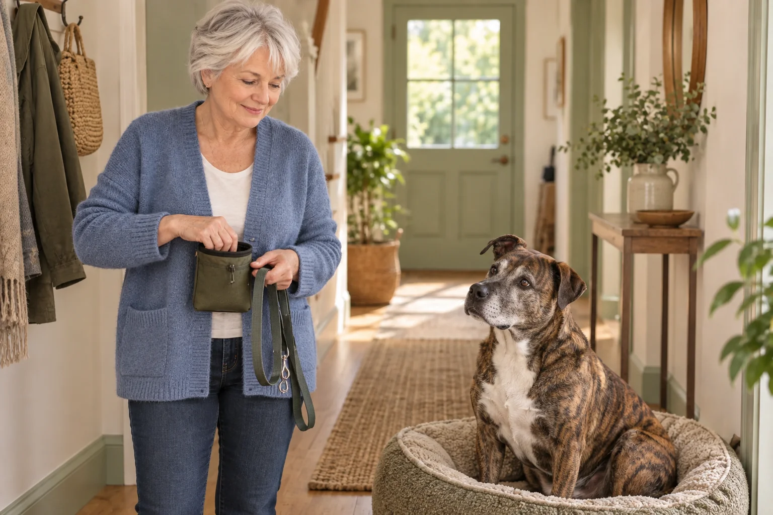 The same owner preparing a small training setup with her brindle dog nearby.