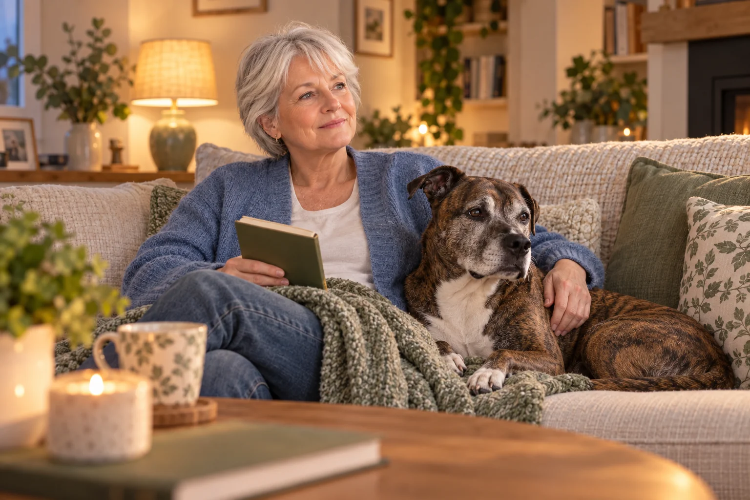 The same owner sitting on a sofa with her brindle dog while reviewing a simple plan.