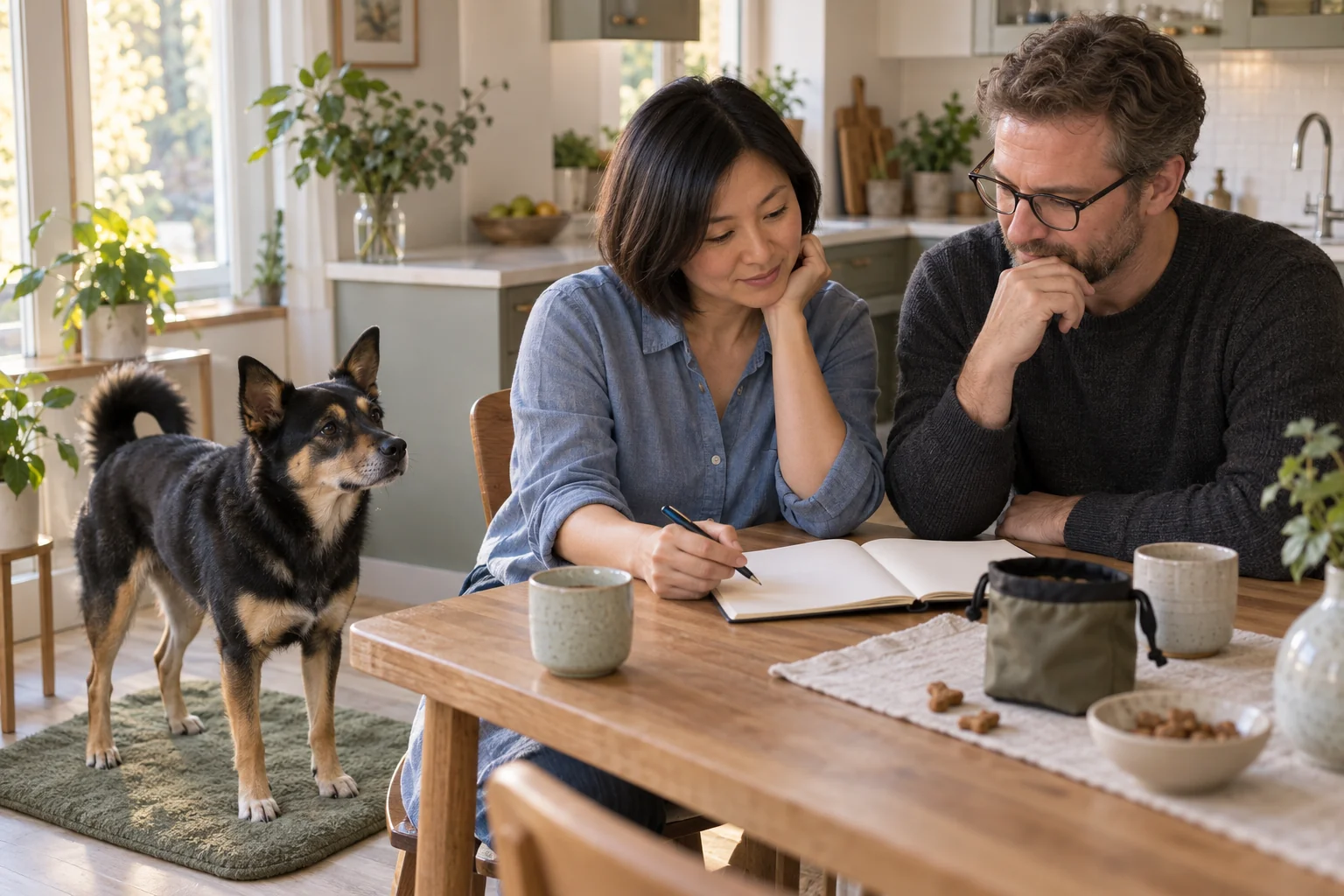Two owners turn a dog training assignment into a small home practice plan beside their dog.