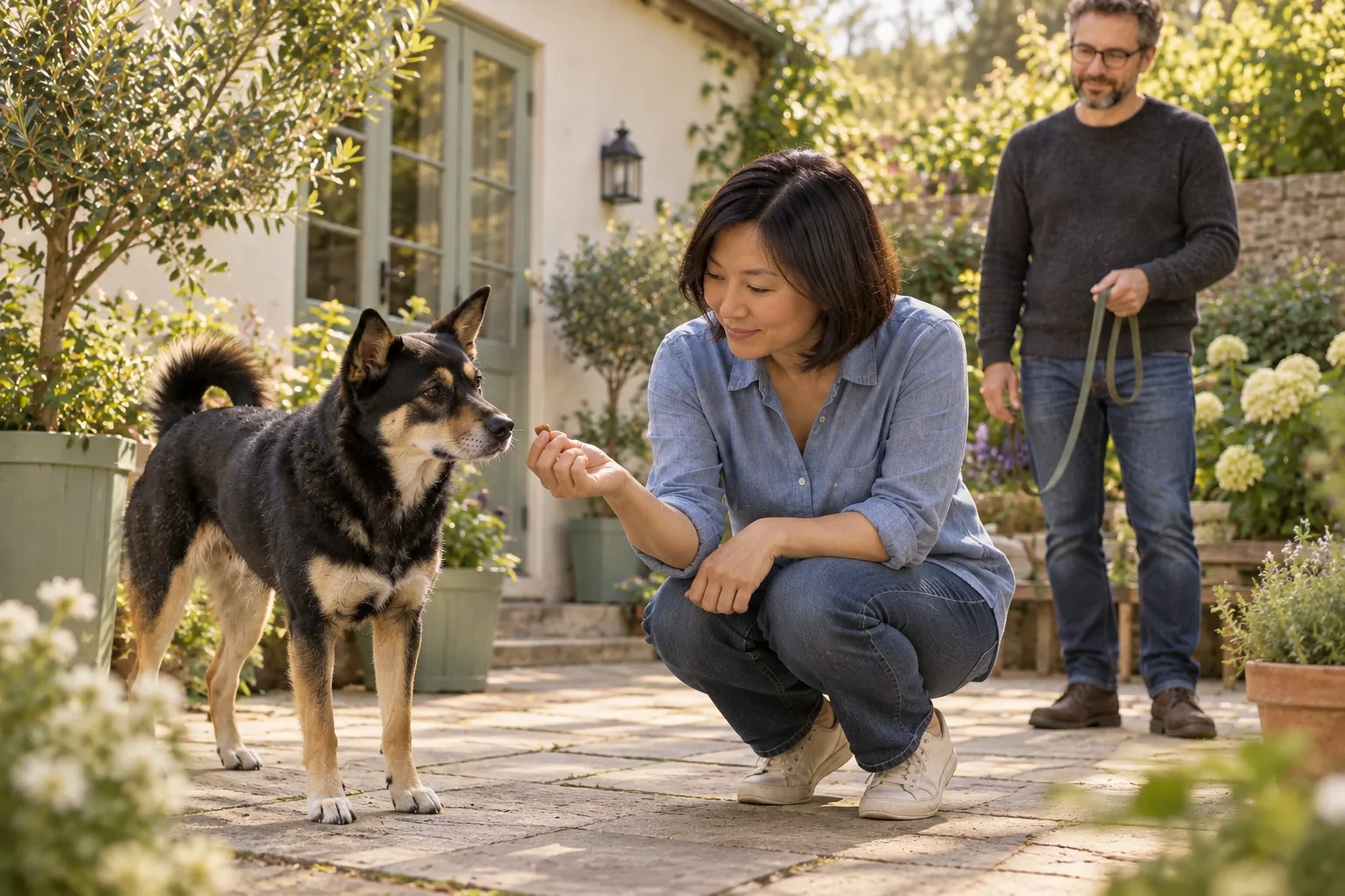 An owner makes a training exercise easier for the same dog in a quiet garden.