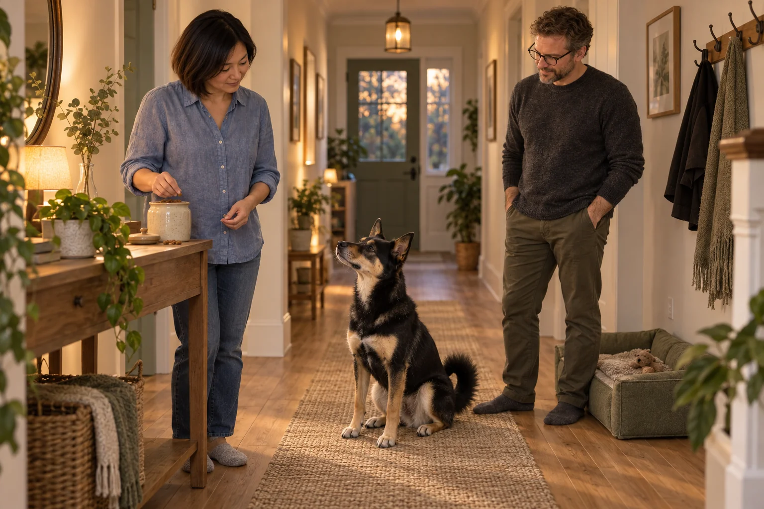 The same household practises one shared rule with their dog in a hallway.