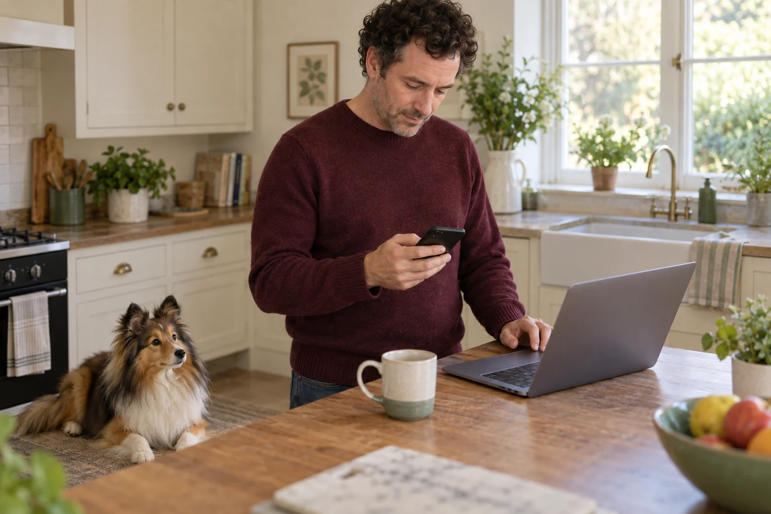 A Sheltie resting near its owner as he checks a blank phone and laptop at home.