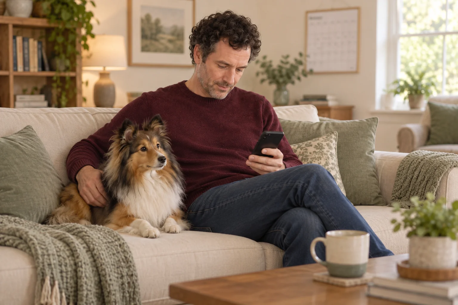The same owner sitting with his Sheltie while setting a reminder on a blank phone.
