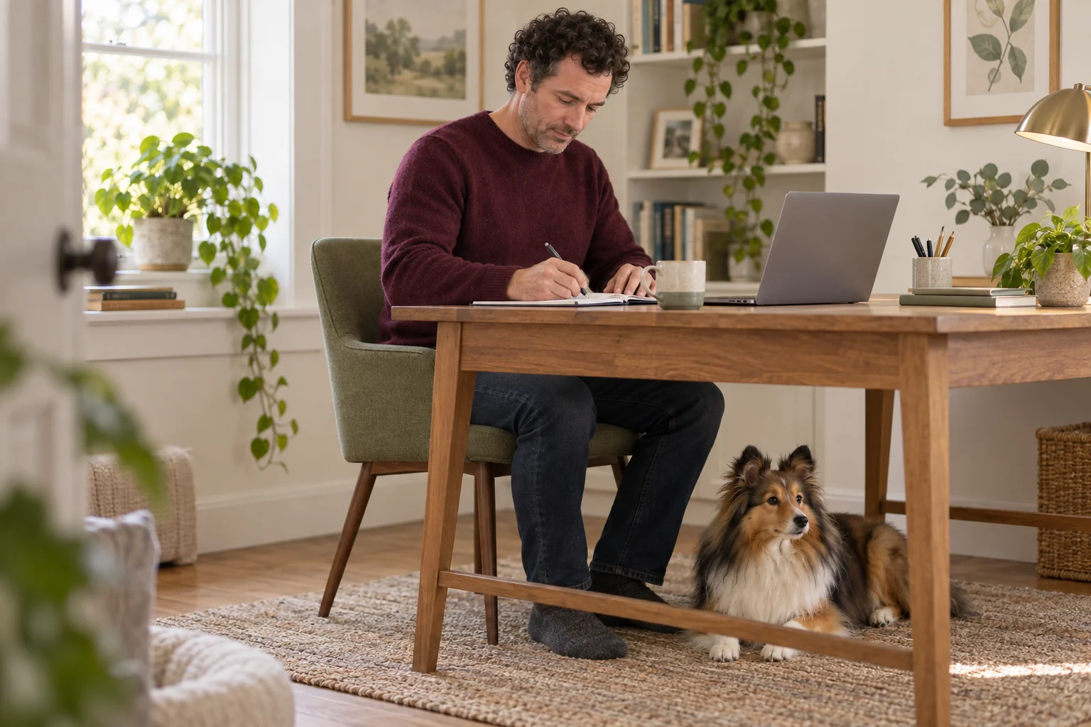 The same owner calmly reviewing a blank laptop while his Sheltie rests nearby.