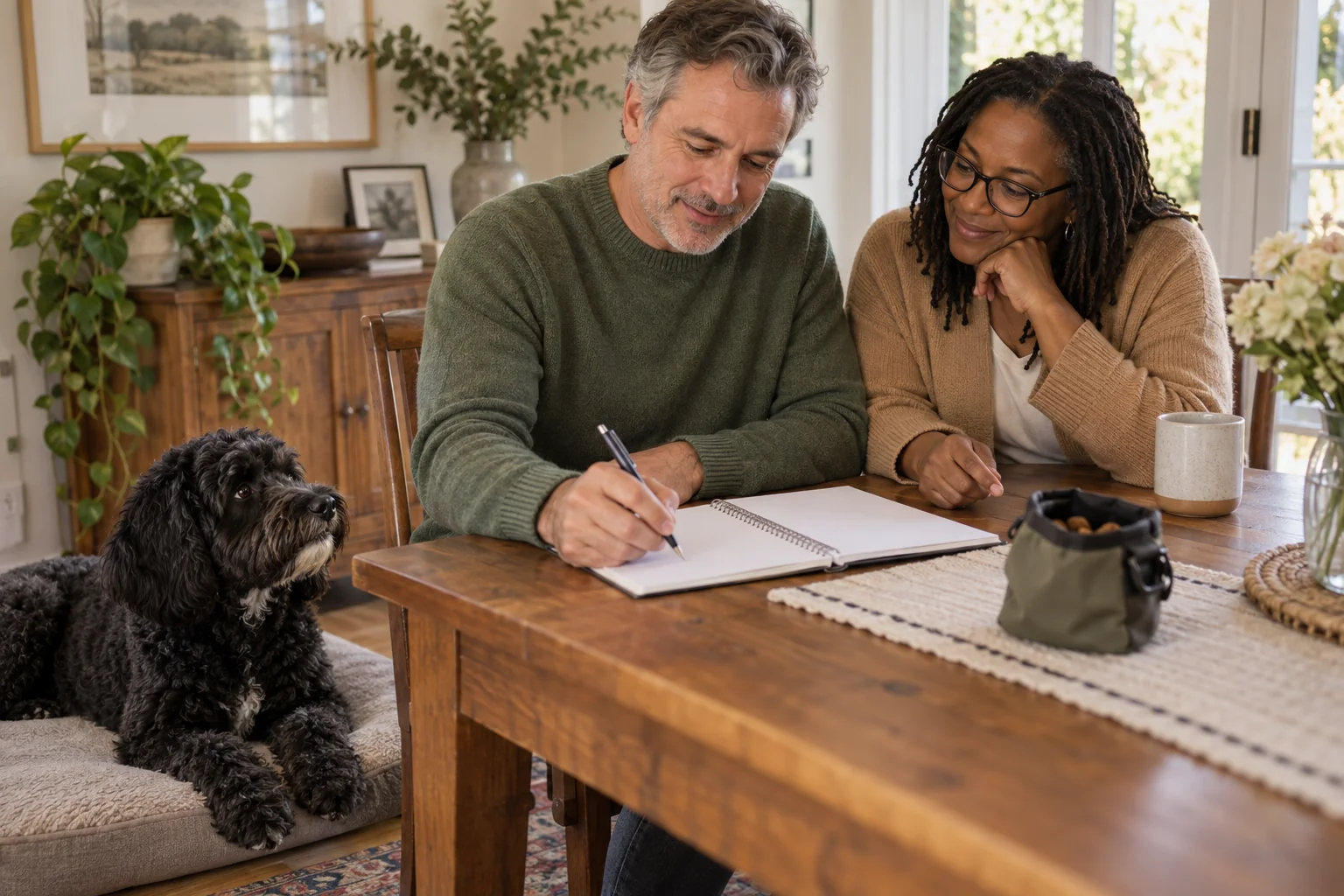 Two owners calmly define a training goal while their poodle mix rests nearby.