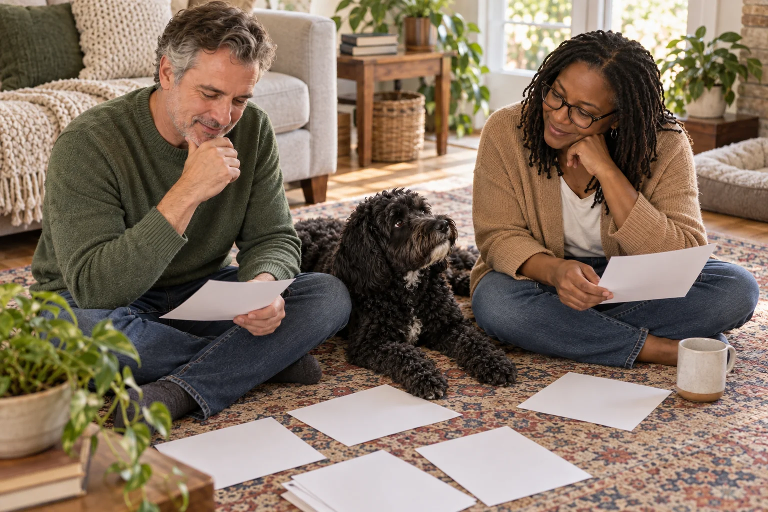 The same owners compare recent training notes while the dog relaxes beside them.