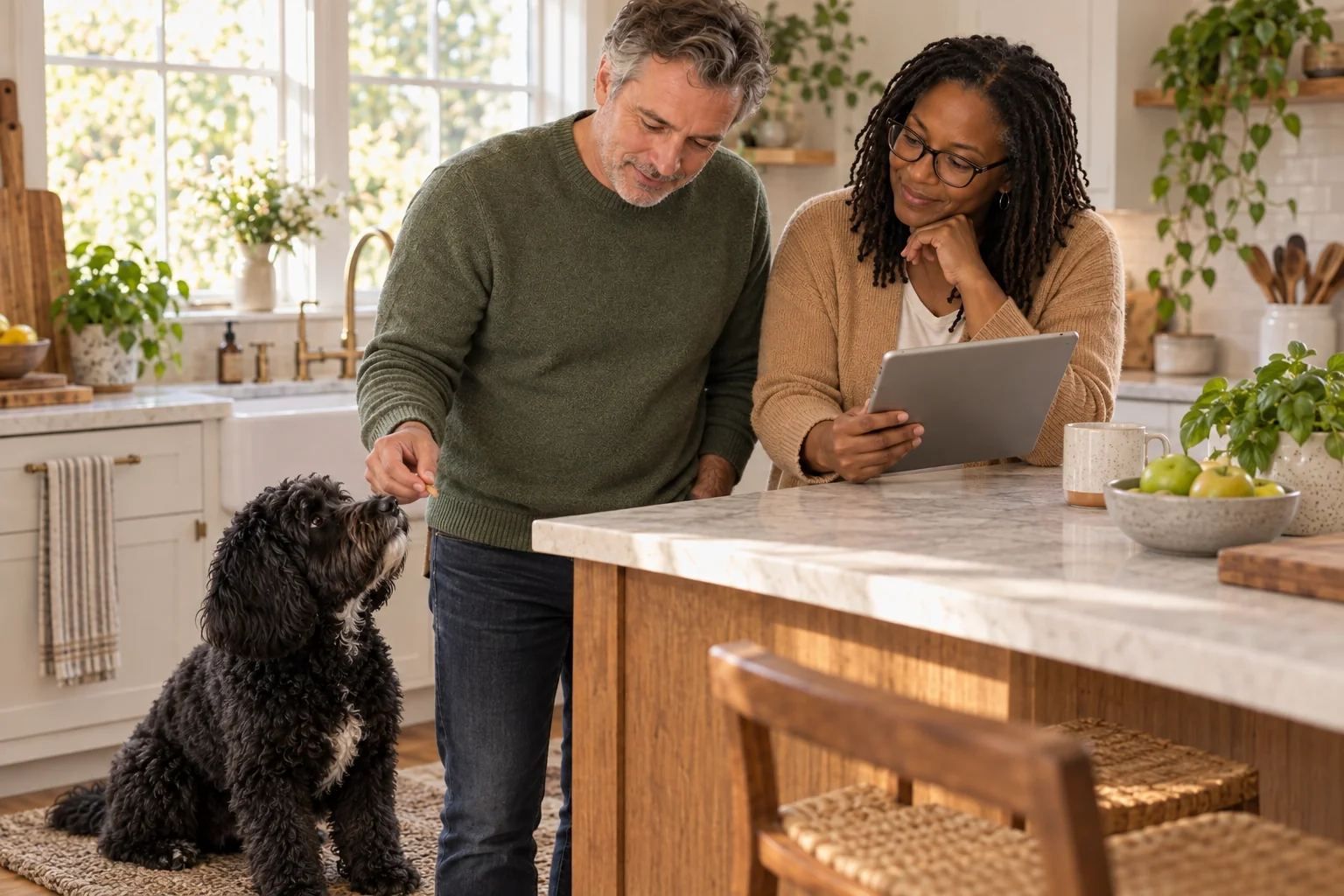 The same owners adjust their dog training plan calmly at a kitchen counter.