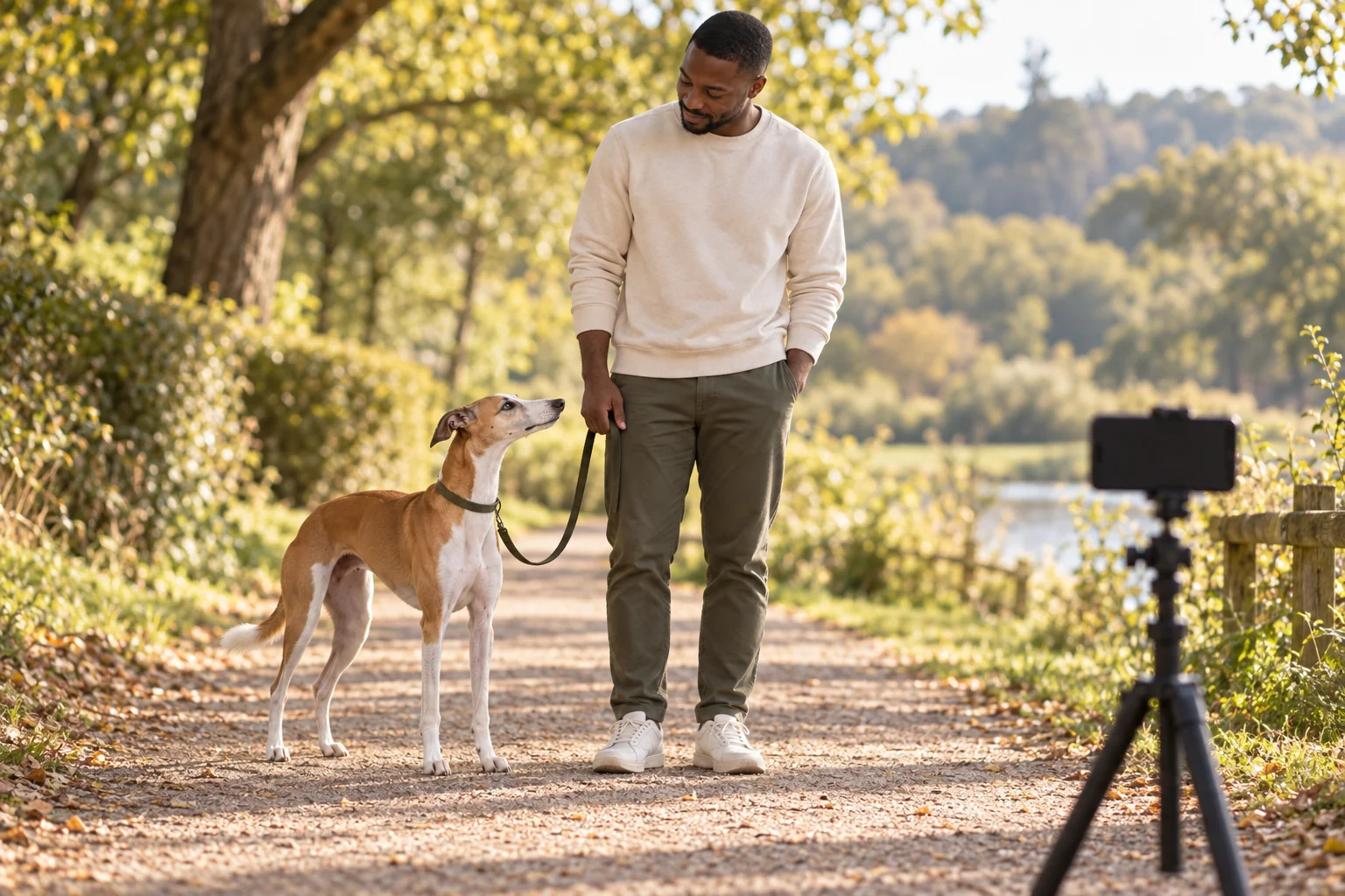 The same owner films from a safe distance on a quiet outdoor path with his whippet.