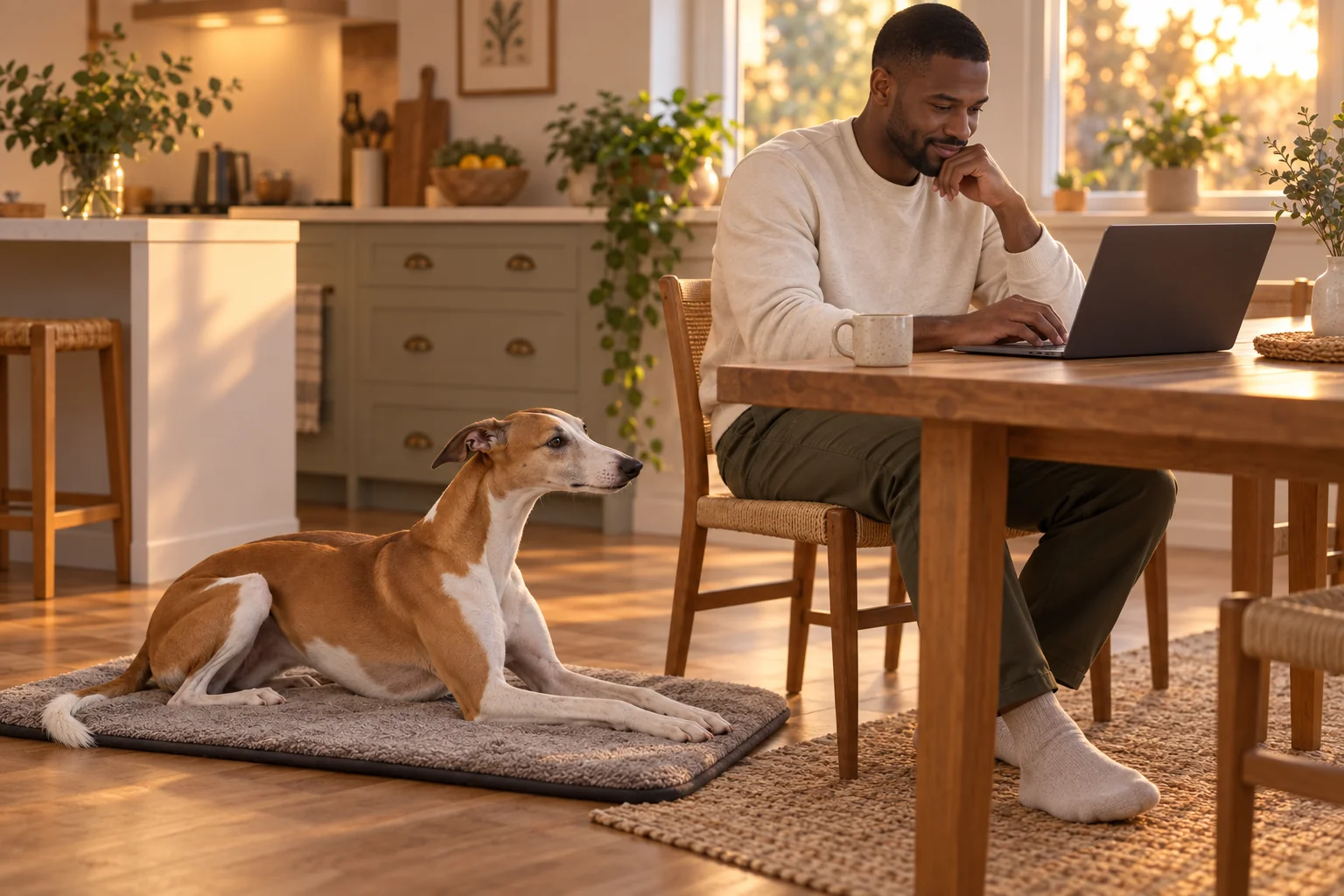 The same owner reviews a blank-screen training clip while his whippet rests nearby.