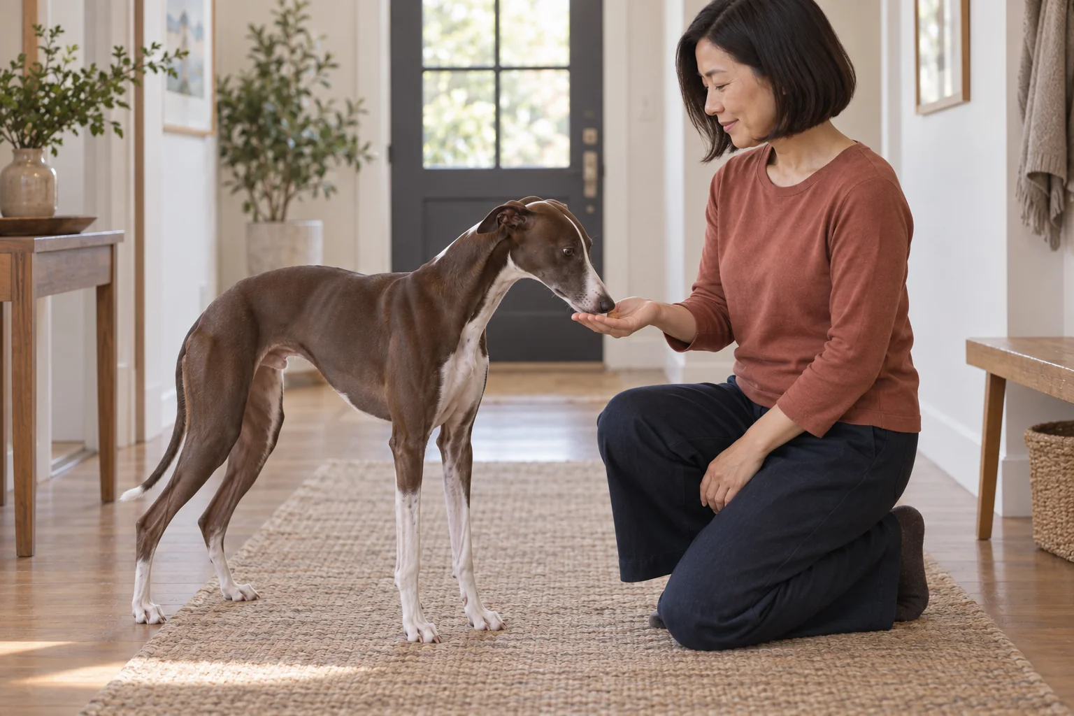 The owner rewards her whippet beside a hallway mat after an easy change of position.