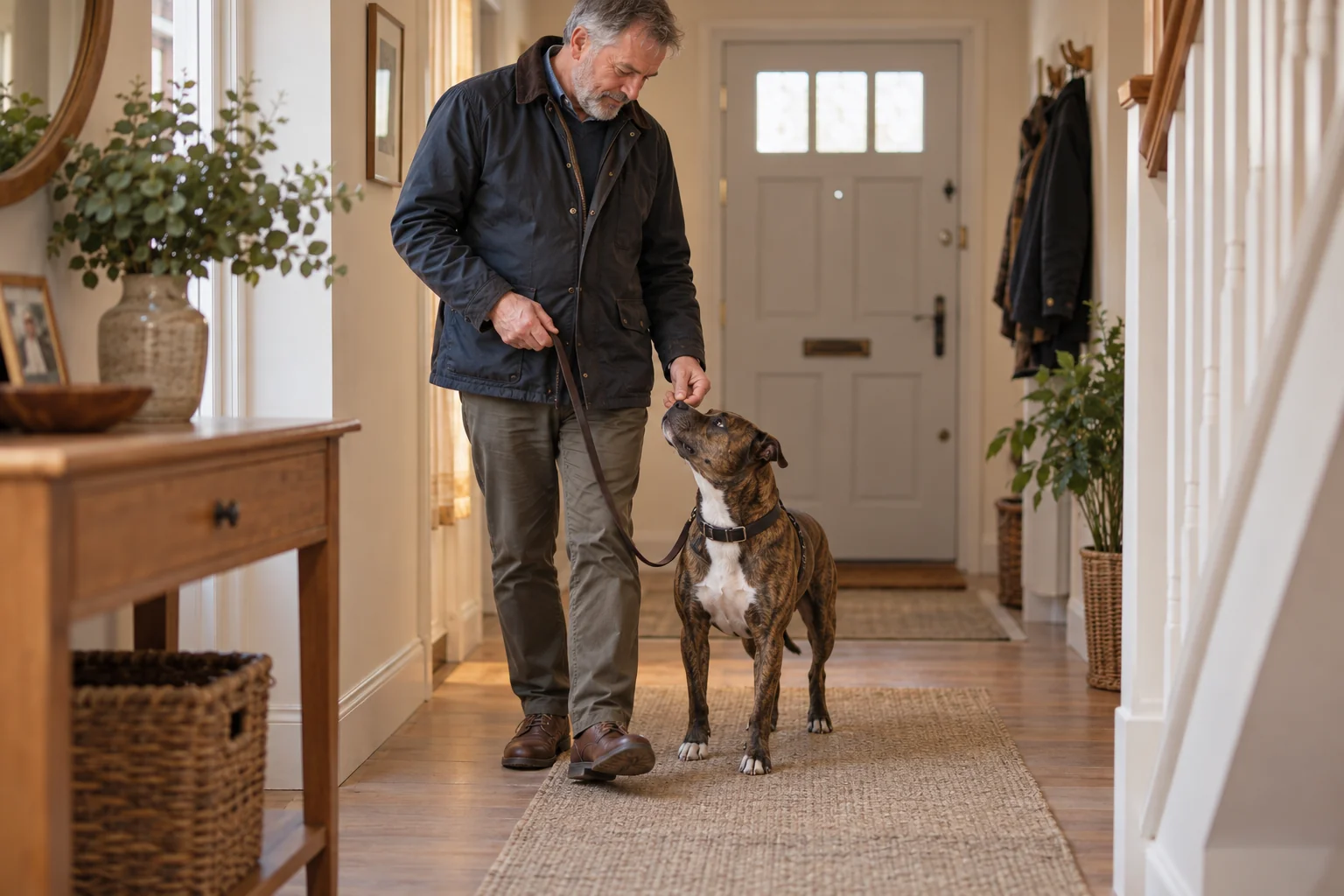A dog owner practises loose-lead foundation work indoors with his brindle dog.