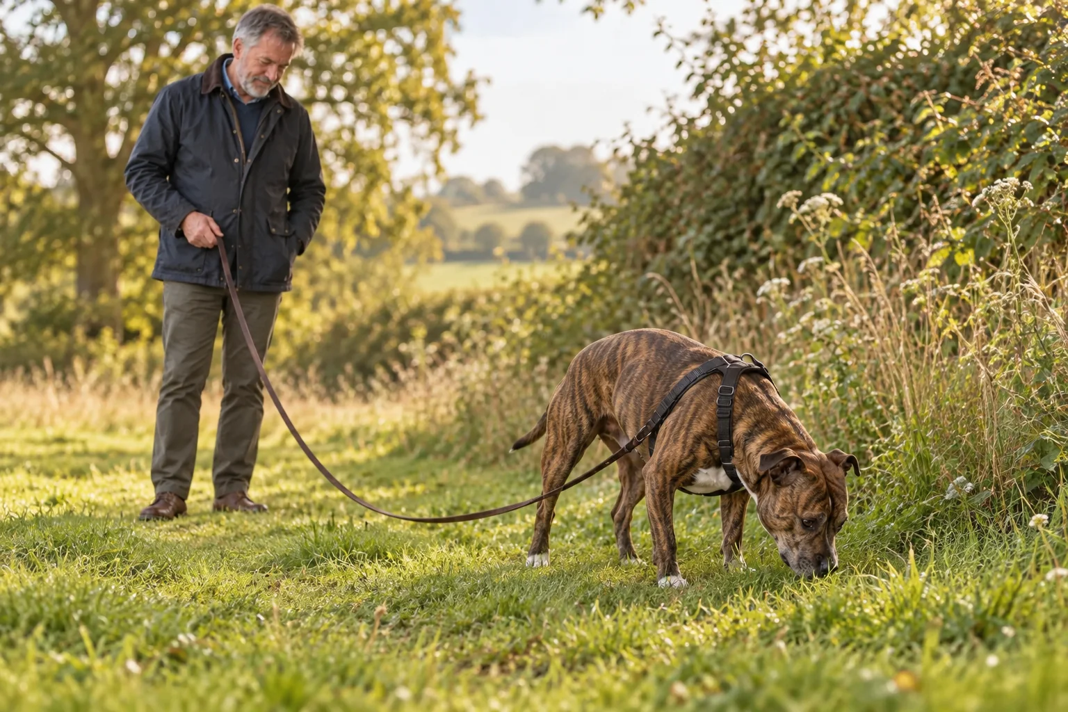 The same dog sniffs calmly on a loose longer lead while the owner gives room.