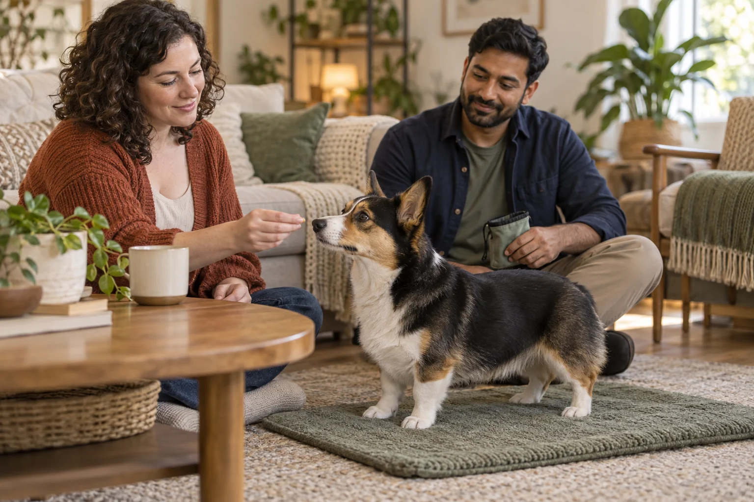 Two owners reward a calm replacement behaviour with their corgi mix on a mat.