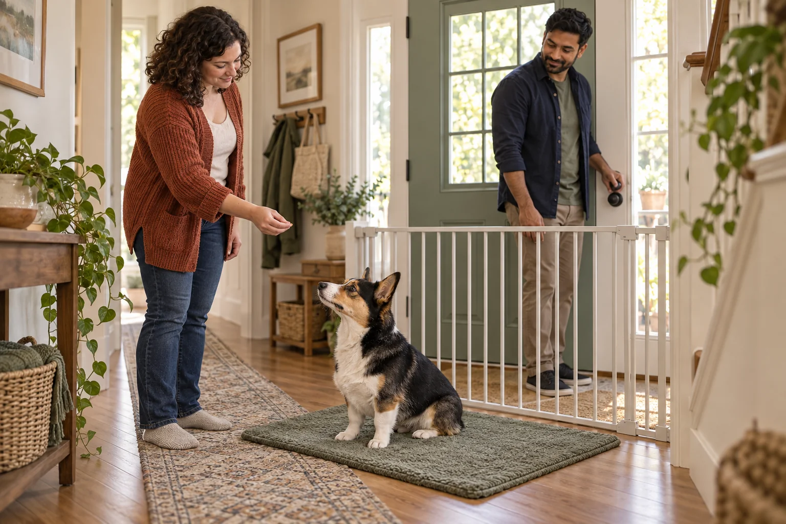 A baby gate keeps the same dog calm while the owners practise a mat routine away from the door.