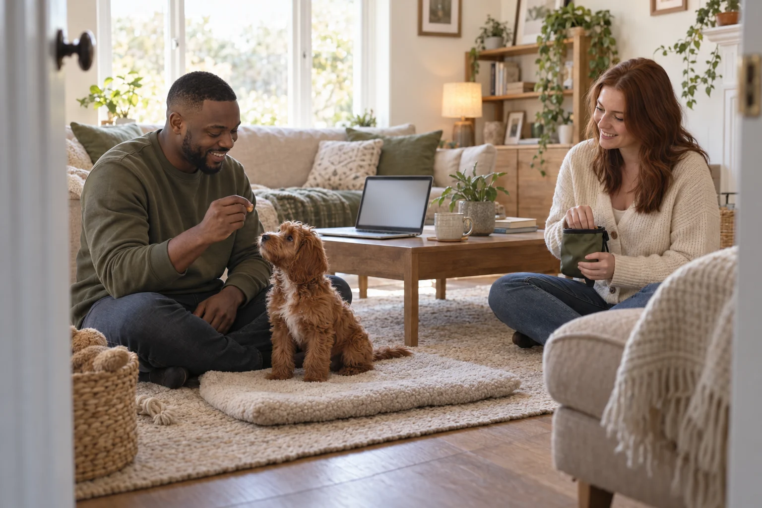 Two owners sit near their cockapoo puppy while a blank laptop is open on a low table.
