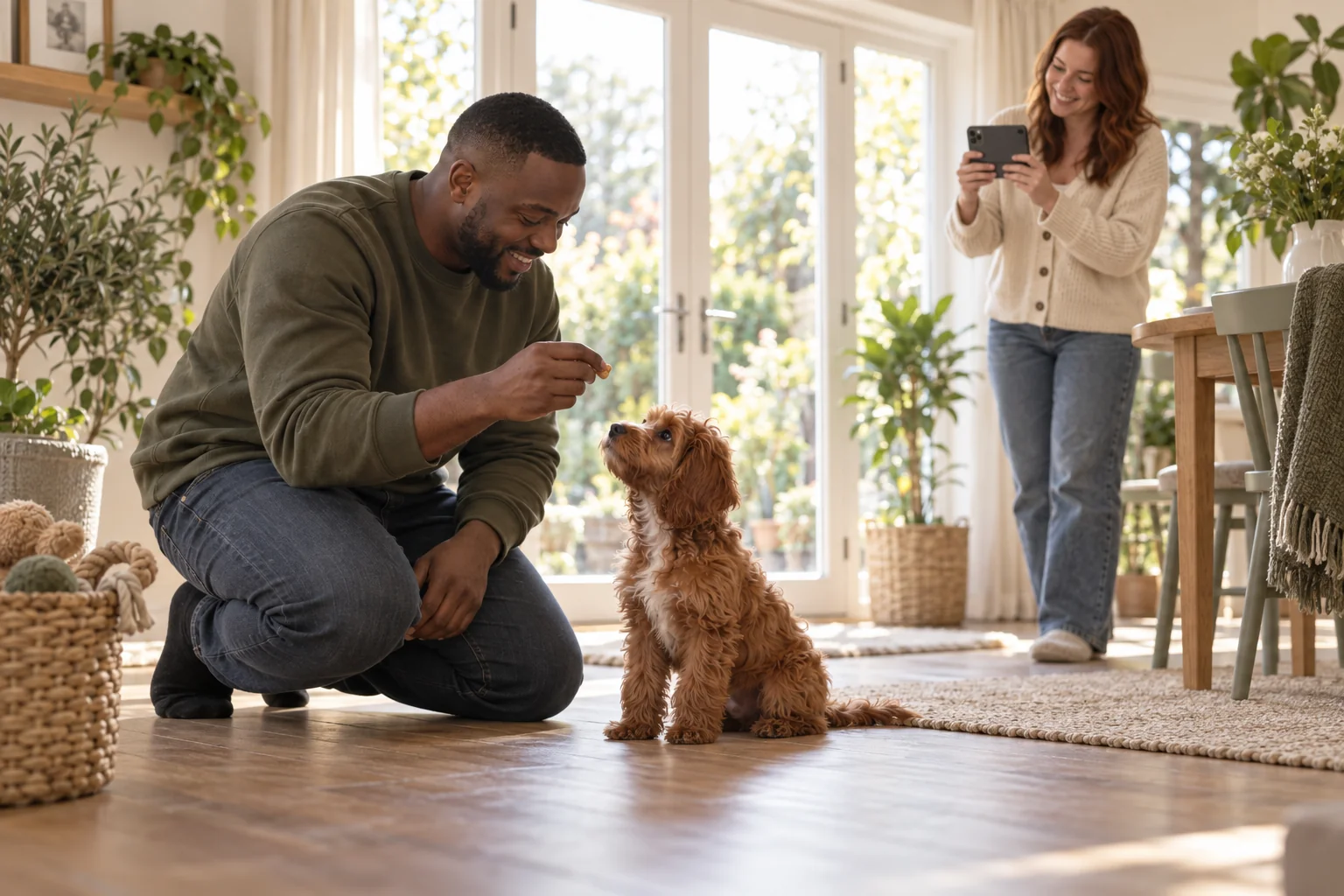 One owner films a short calm puppy training moment while the other rewards the puppy.