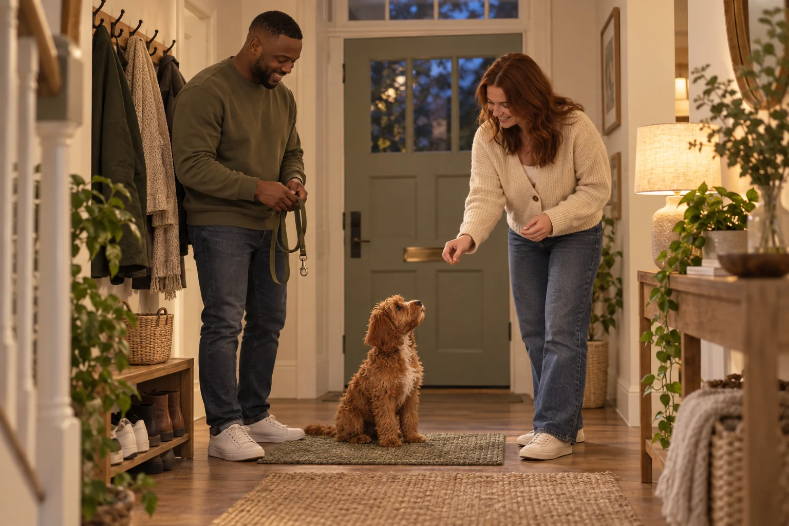 The same two owners practise a shared puppy routine in a hallway with the cockapoo puppy.