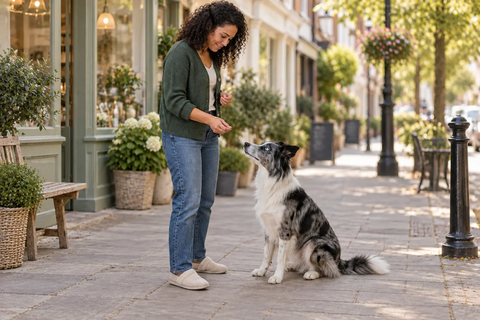 The same border collie and owner practising on a quiet high street with space around them.