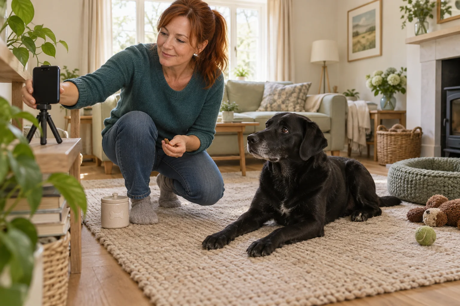 A Labrador and owner in a living room with a phone on a stand showing the whole practice area.