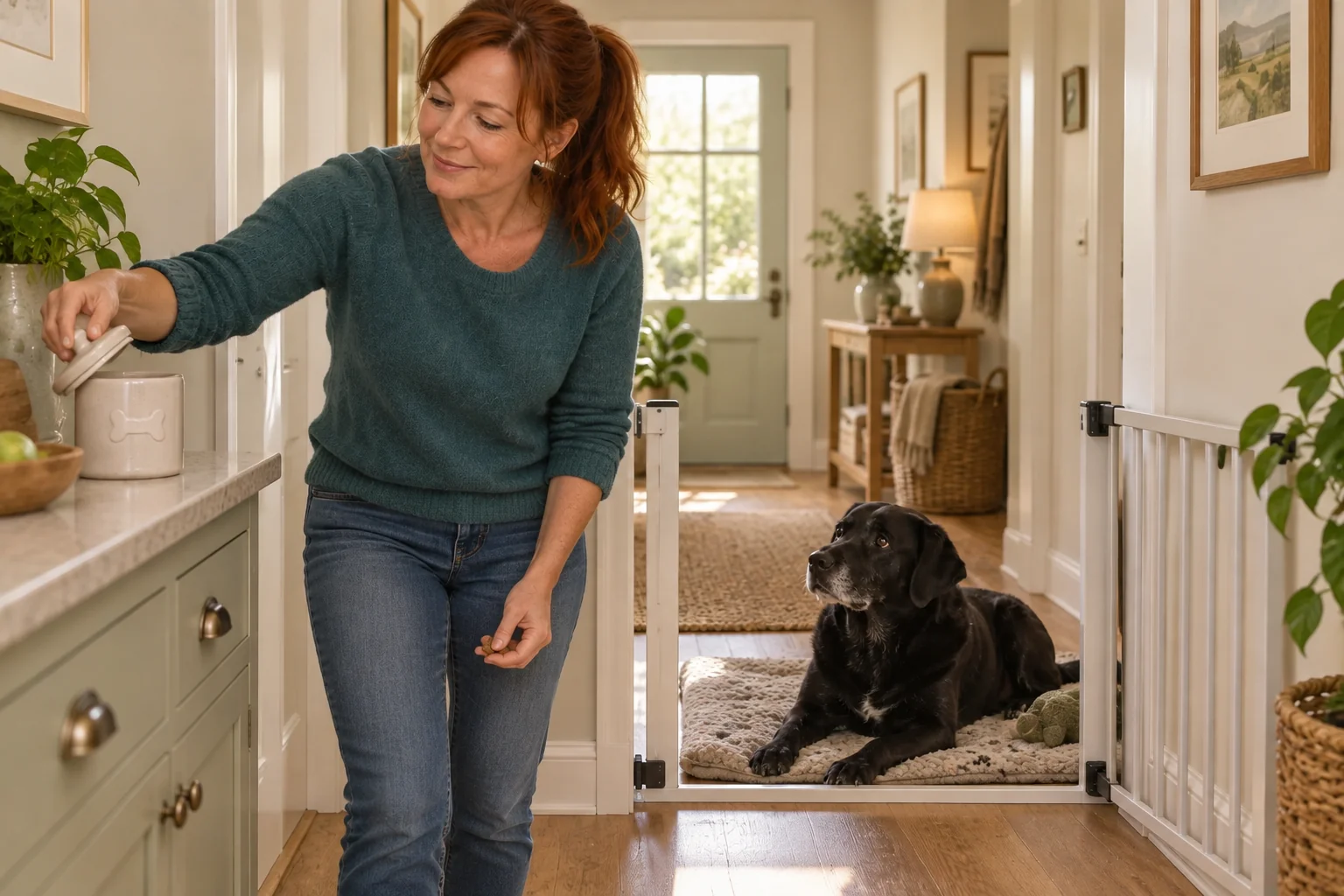 The same owner rehearsing treat delivery while the Labrador relaxes behind a baby gate.