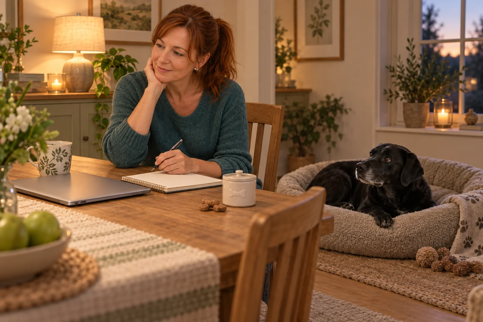 The same owner sitting with a closed laptop while the Labrador rests nearby after practice.