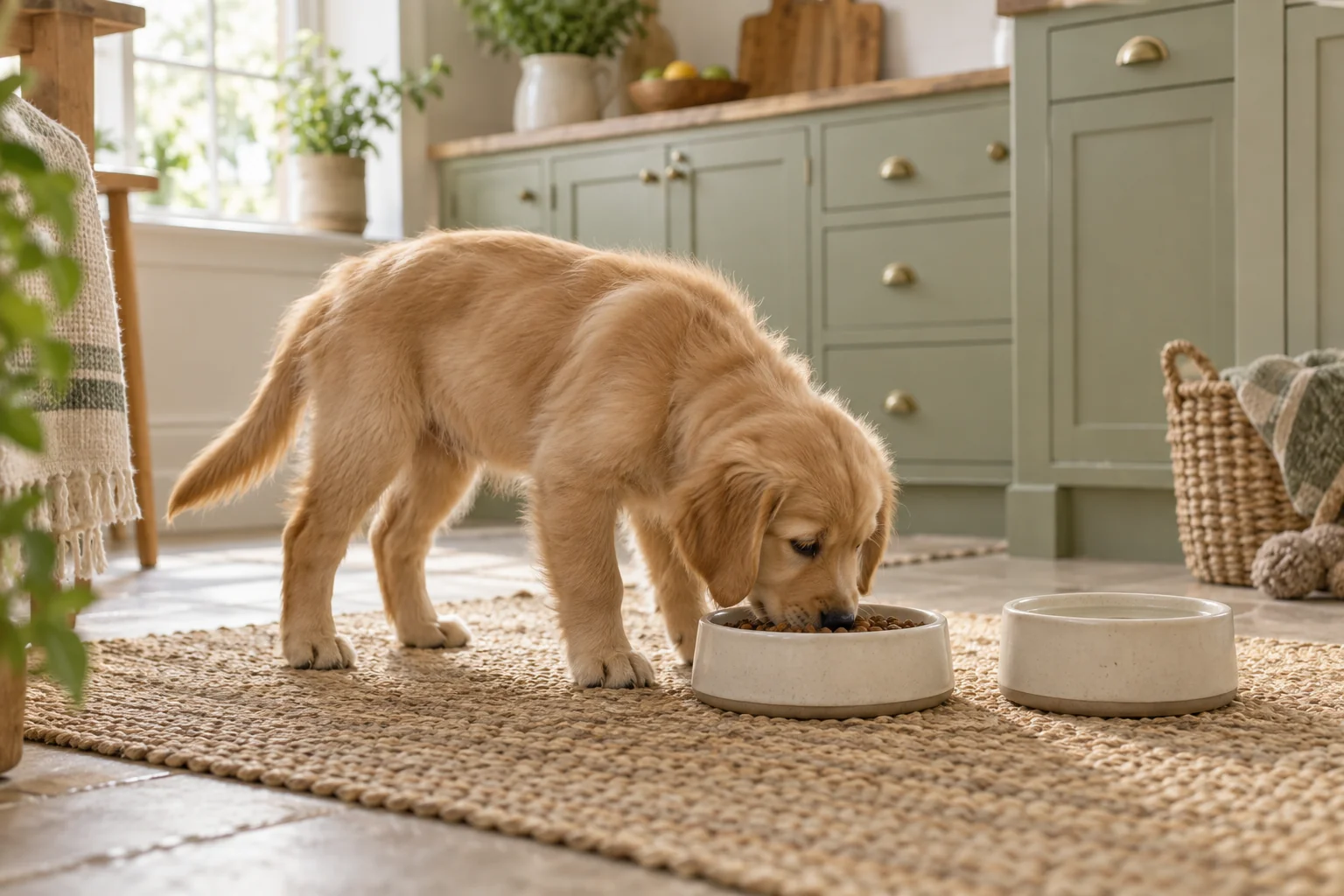 Golden retriever puppy eating from a shallow bowl in a quiet kitchen.