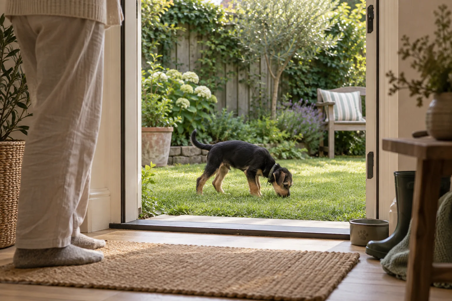 Small puppy sniffing the lawn outside an open back door while an adult waits nearby.