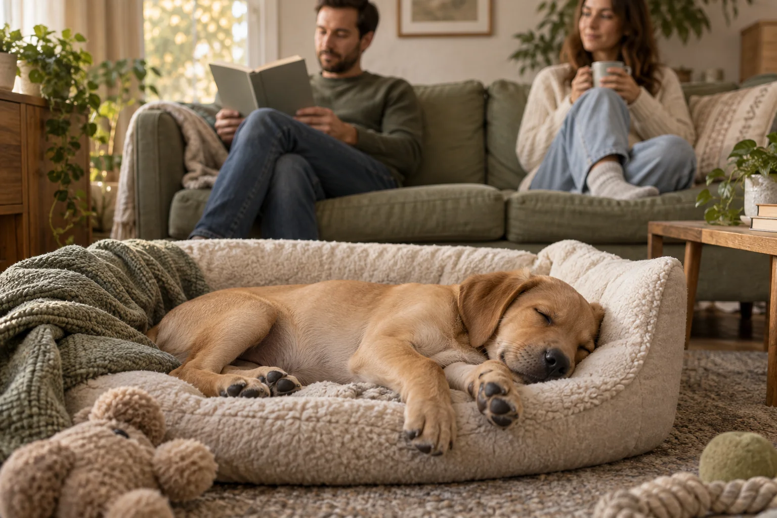 Puppy sleeping in a low bed while two adults sit quietly nearby.