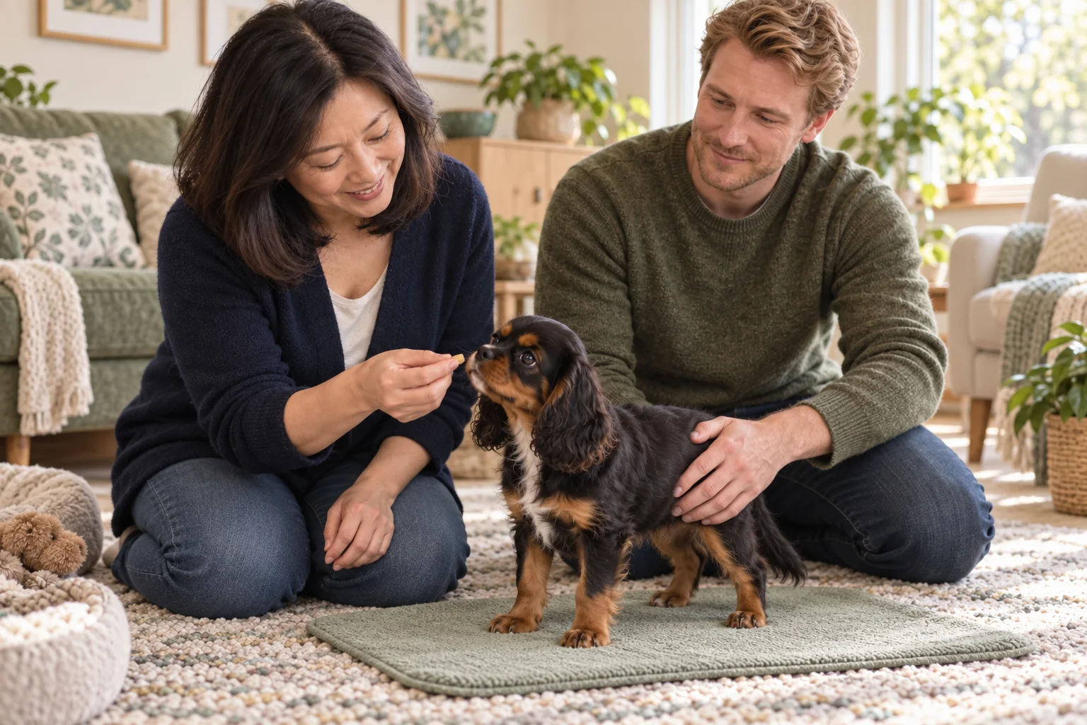 The same cavalier puppy standing on a non-slip mat while an owner gently rests a hand on its side.