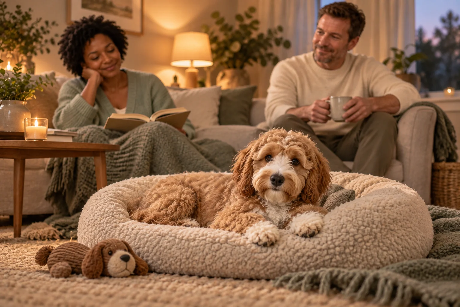 The same cockapoo puppy settling in a quiet corner with the same owners nearby.