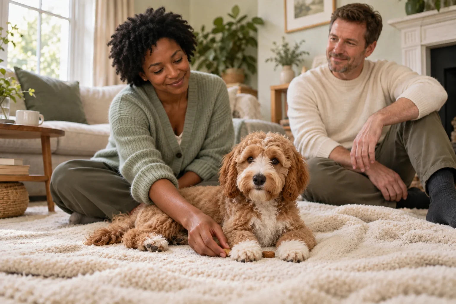 The same cockapoo puppy lying on a blanket while an owner calmly rewards quiet behaviour.