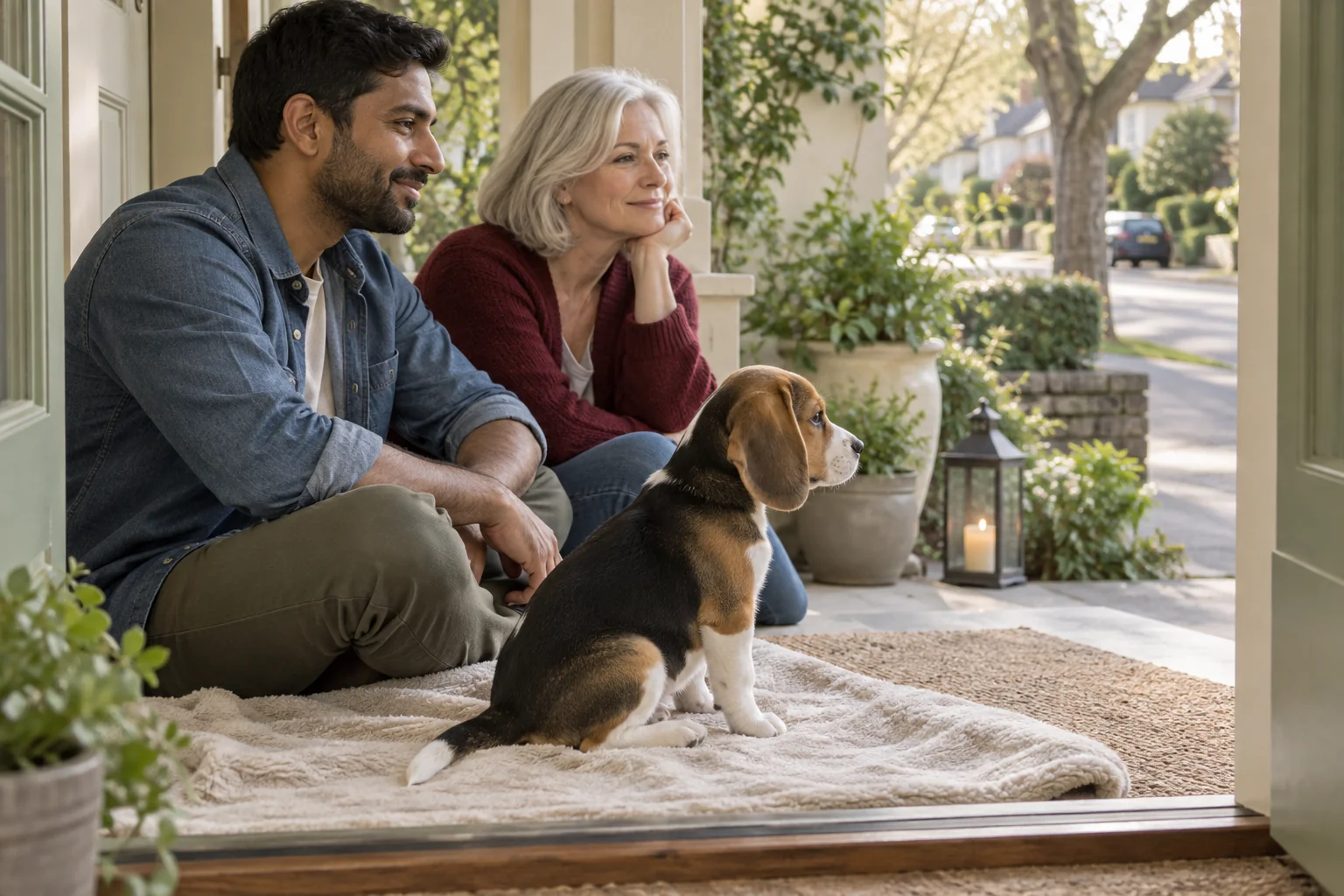 A beagle puppy watching a quiet street from a blanket beside two calm adults.