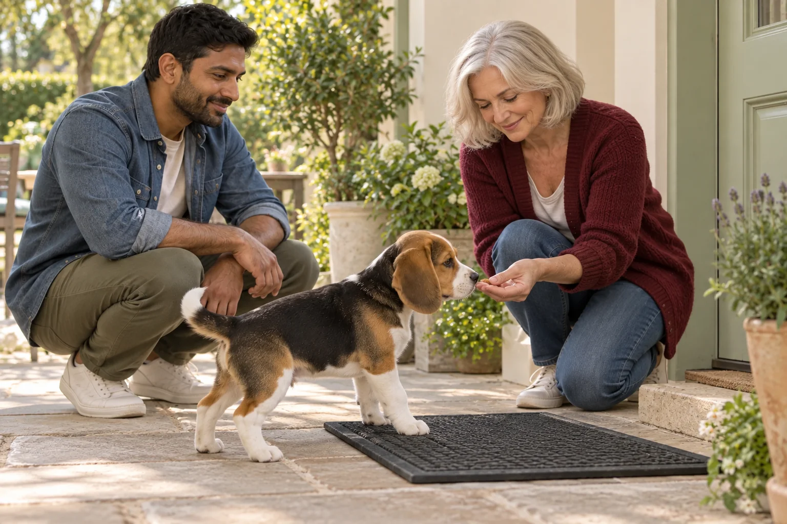 The same beagle puppy stepping onto a new surface while the same owners calmly reward nearby.