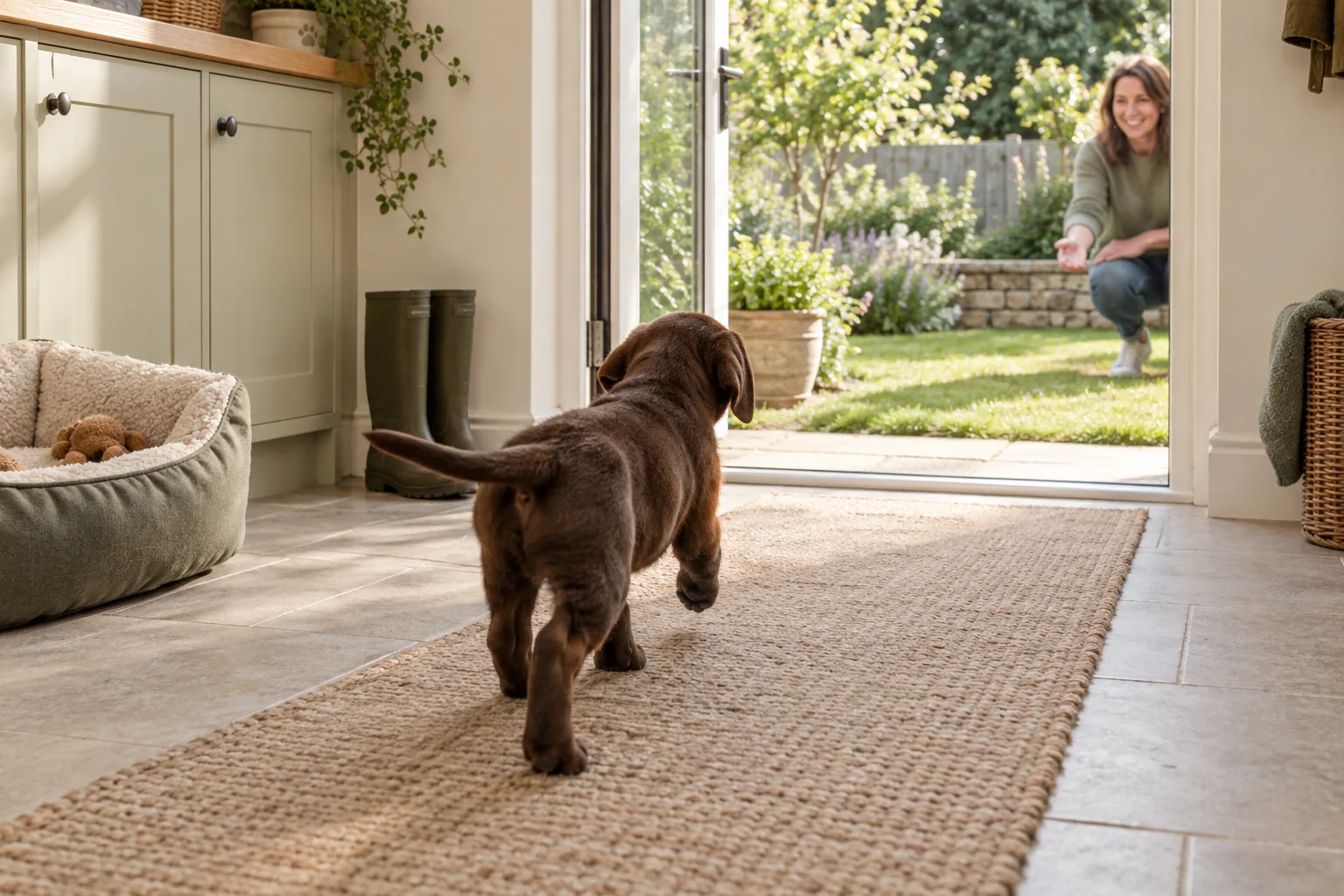 Chocolate puppy following a clear floor route towards an open garden door.